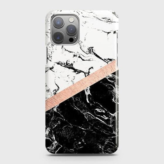 iPhone 12 Pro Cover - Black & White Marble With Chic RoseGold Strip Case with Life Time Colors Guarantee