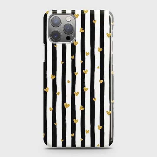 iPhone 12 Pro Max Cover - Trendy Black & White Lining With Golden Hearts Printed Hard Case with Life Time Colors Guarantee