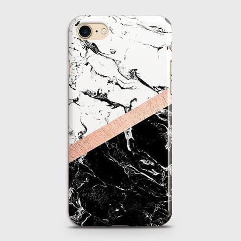 iPhone SE 2020 Cover - Black & White Marble With Chic RoseGold Strip Case with Life Time Colors Guarantee