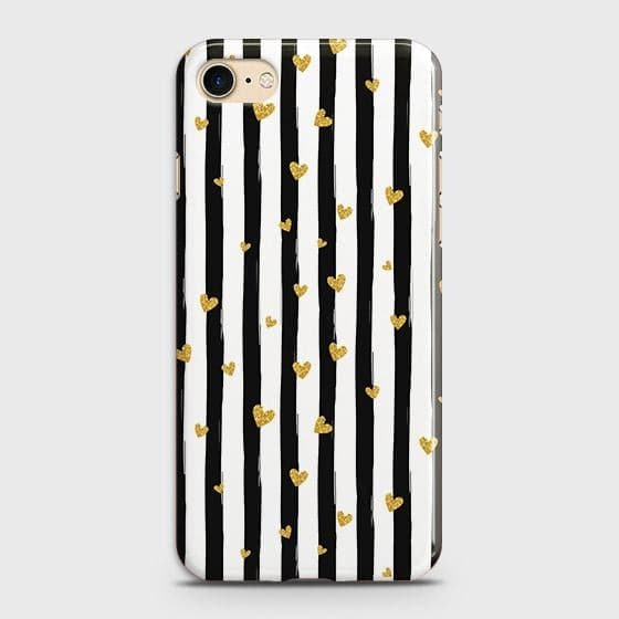 iPhone SE 2020 Cover - Trendy Black & White Lining With Golden Hearts Printed Hard Case with Life Time Colors Guarantee