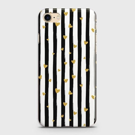 iPhone SE 2020 Cover - Trendy Black & White Lining With Golden Hearts Printed Hard Case with Life Time Colors Guarantee