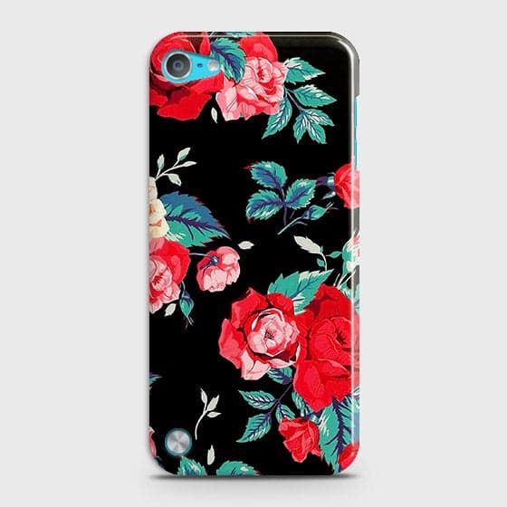 iPod Touch 5 Cover - Luxury Vintage Red Flowers Printed Hard Case with Life Time Colors Guarantee