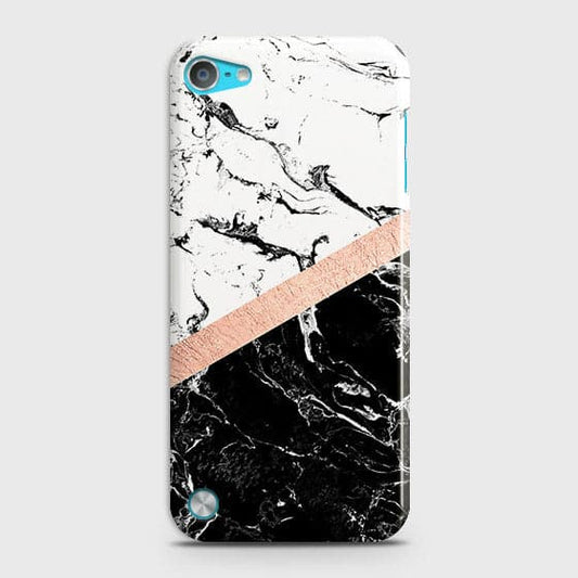 iPod Touch 5 Cover - Black & White Marble With Chic RoseGold Strip Case with Life Time Colors Guarantee