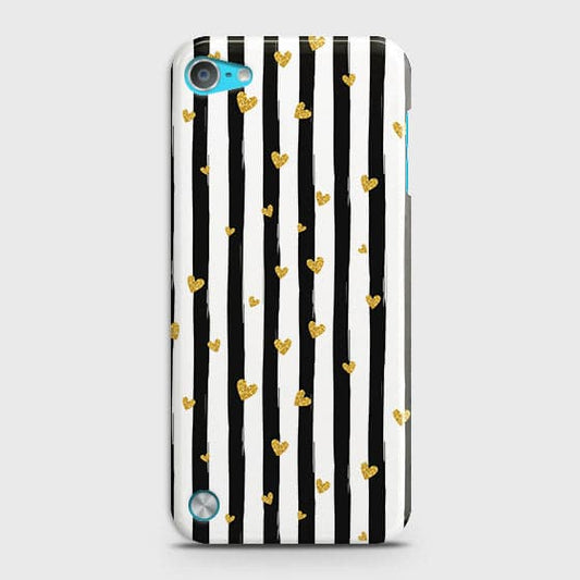 iPod Touch 5 Cover - Trendy Black & White Lining With Golden Hearts Printed Hard Case with Life Time Colors Guarantee