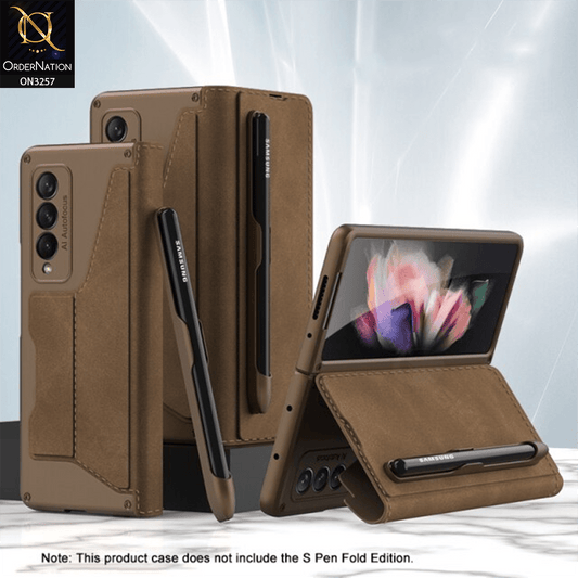 Samsung Galaxy Z Fold 3 5G Cover - Brown - GKK Removable S Pen Holder Flip Stand Folding Cover With Card Slot - (S Pen Not Included)