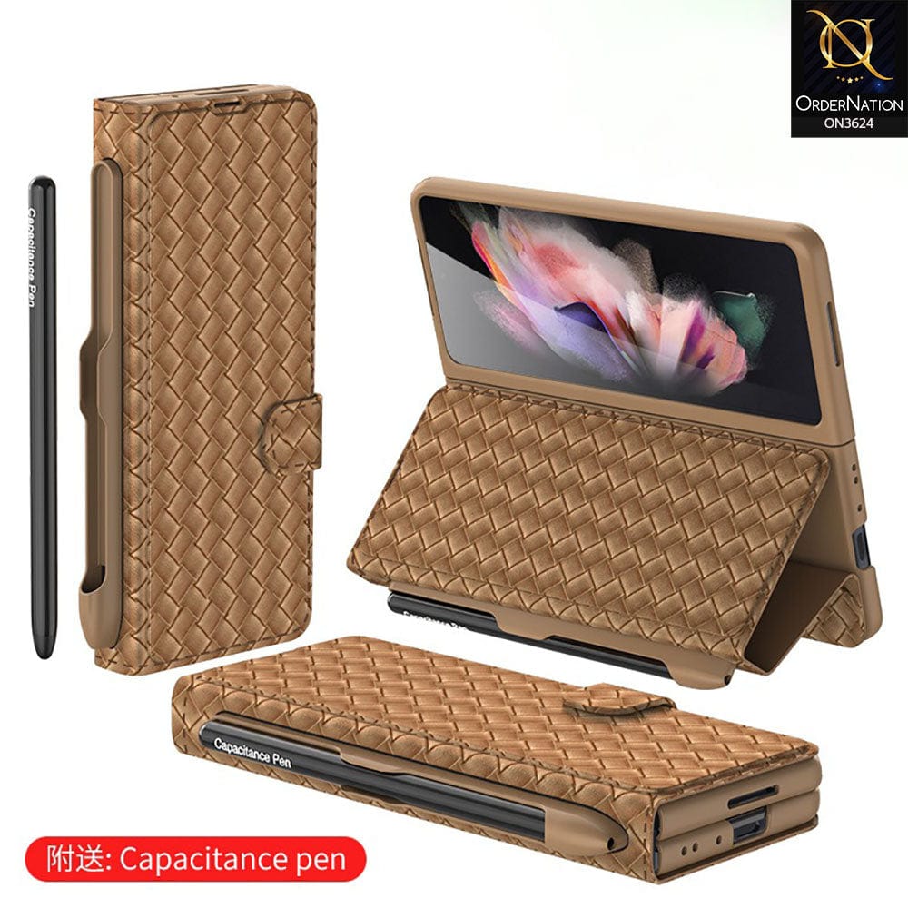Samsung Galaxy Z Fold 4 5G Cover - Brown - Braided Leather Case With Magnetic Hinge And Pen Slot ( Pen Not Included )