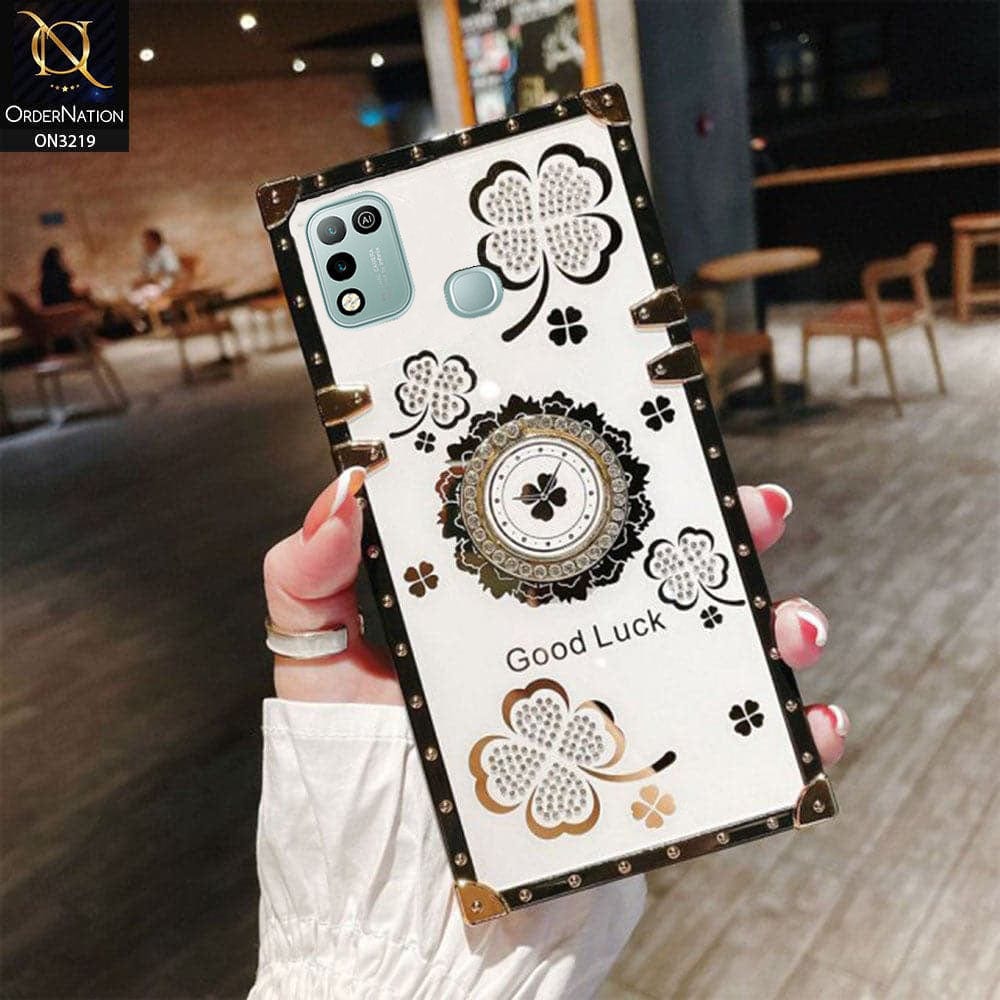Infinix Hot 11 Play Cover - Ash White - Square Bling Diamond Glitter Soft TPU Trunk Case with Ring Holder