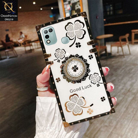 Infinix Hot 11 Play Cover - Ash White - Square Bling Diamond Glitter Soft TPU Trunk Case with Ring Holder