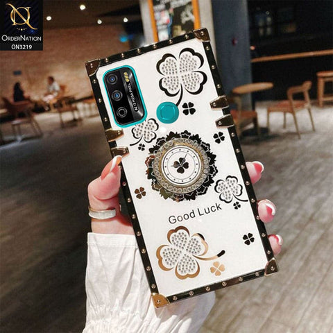 Infinix Hot 9 Play Cover - Ash White - Square Bling Diamond Glitter Soft TPU Trunk Case with Ring Holder