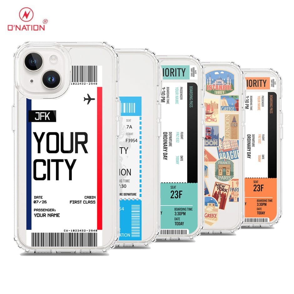 iPhone 15 Cover - Personalised Boarding Pass Ticket Series - 5 Designs - Clear Phone Case - Soft Silicon Borders