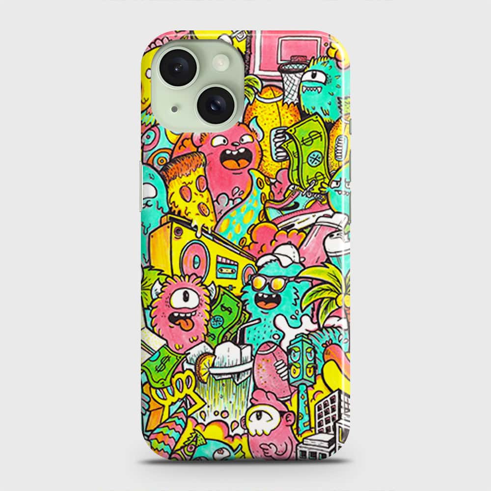 iPhone 15 Cover - Candy Colors Trendy Sticker Collage Printed Hard Case with Life Time Colors Guarantee