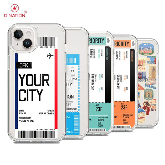 iPhone 15 Plus Cover - Personalised Boarding Pass Ticket Series - 5 Designs - Clear Phone Case - Soft Silicon Borders