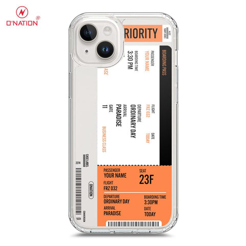 iPhone 15 Plus Cover - Personalised Boarding Pass Ticket Series - 5 Designs - Clear Phone Case - Soft Silicon Borders