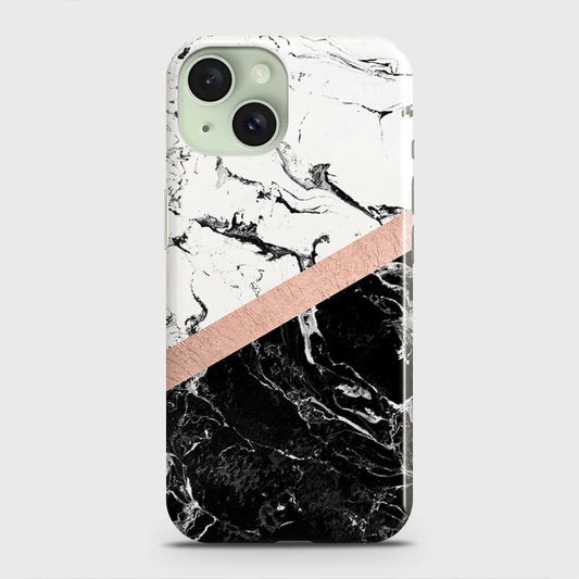iPhone 15 Plus Cover - Black & White Marble With Chic RoseGold Strip Case with Life Time Colors Guarantee