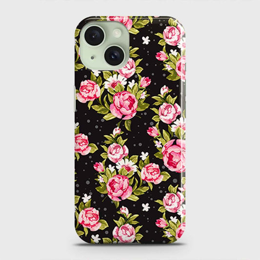 iPhone 15 Plus Cover - Trendy Pink Rose Vintage Flowers Printed Hard Case with Life Time Colors Guarantee