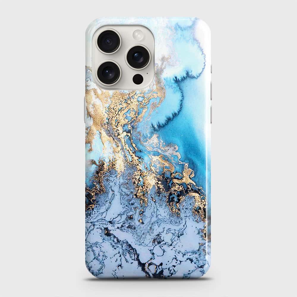 iPhone 15 Pro Max Cover - Trendy Golden & Blue Ocean Marble Printed Hard Case with Life Time Colors Guarantee