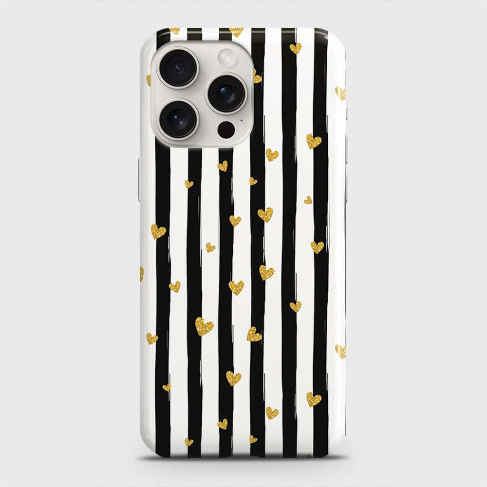 iPhone 15 Pro Max Cover - Trendy Black & White Lining With Golden Hearts Printed Hard Case with Life Time Colors Guarantee