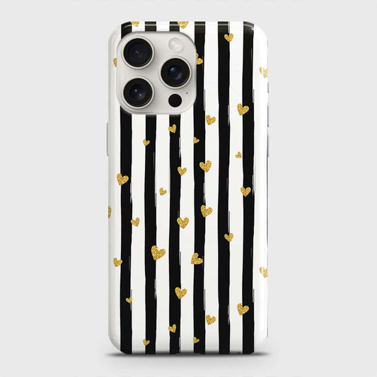 iPhone 15 Pro Max Cover - Trendy Black & White Lining With Golden Hearts Printed Hard Case with Life Time Colors Guarantee