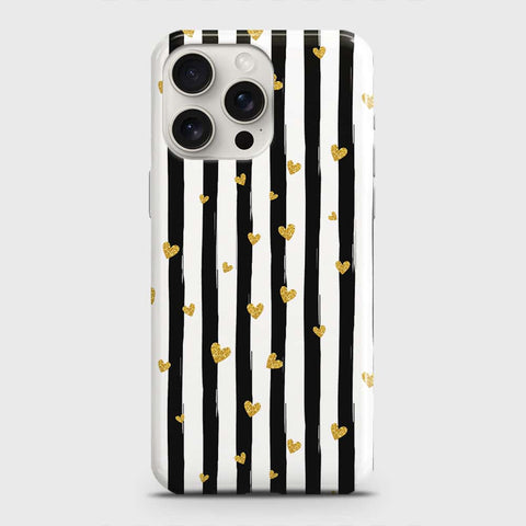 iPhone 15 Pro Max Cover - Trendy Black & White Lining With Golden Hearts Printed Hard Case with Life Time Colors Guarantee
