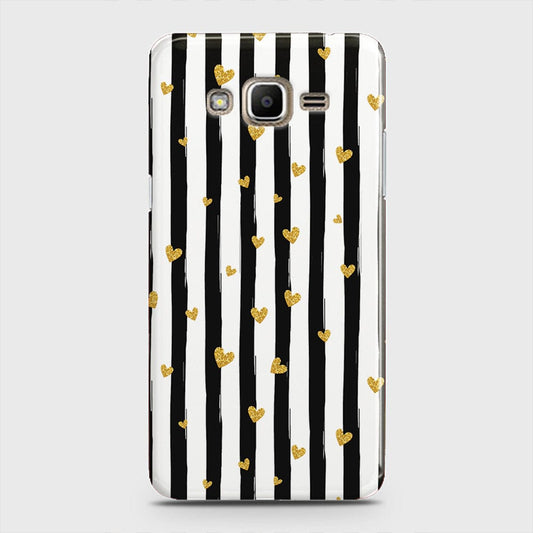 Samsung Galaxy J5 2015 Cover - Trendy Black & White Lining With Golden Hearts Printed Hard Case with Life Time Colors Guarantee
