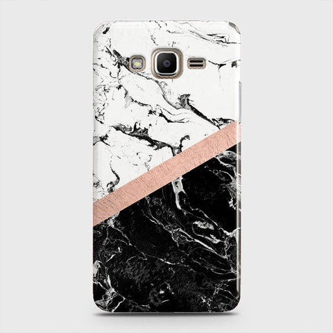 Samsung Galaxy J5 2015 Cover - Black & White Marble With Chic RoseGold Strip Case with Life Time Colors Guarantee