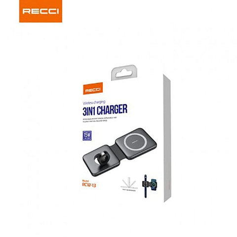 Black - Recci RCW-13 - 15W Magnetic RECCI Wireless Charger 3 in 1 Detachable Folding Function