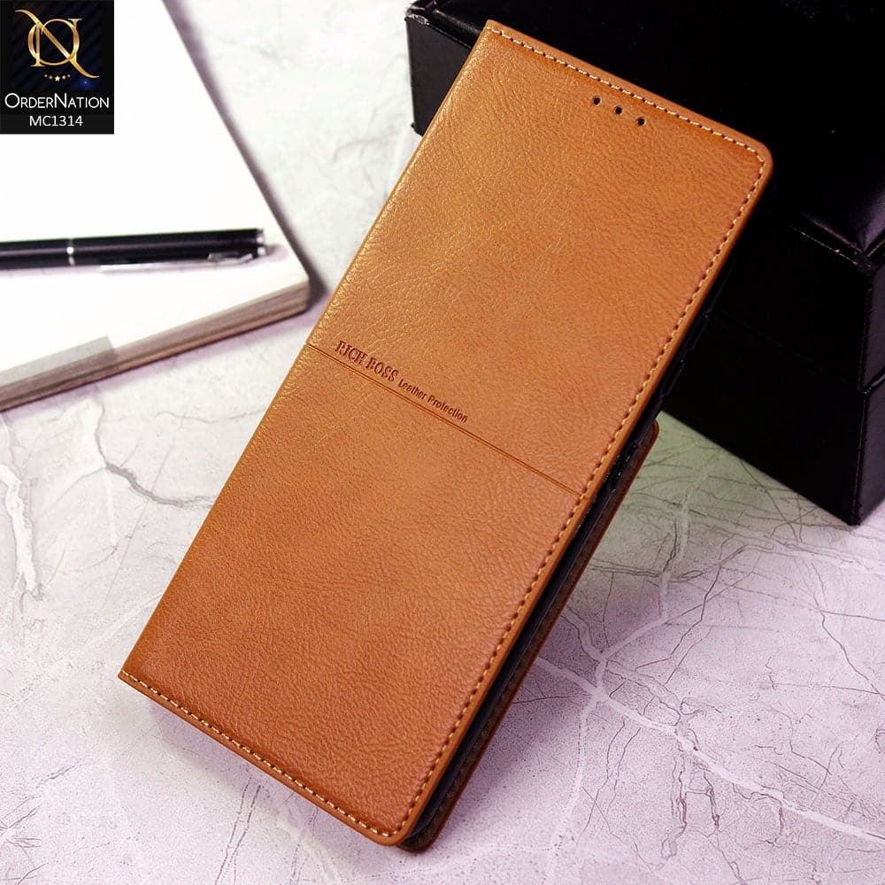 Samsung Galaxy M11 Cover - Light Brown - Rich Boss Flip Book Soft Leather Texture Case