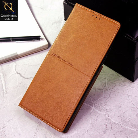 Samsung Galaxy M11 Cover - Light Brown - Rich Boss Flip Book Soft Leather Texture Case