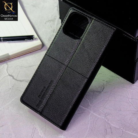 iPhone 12 Pro Cover - Black - Rich Boss Flip Book Soft Leather Texture Case