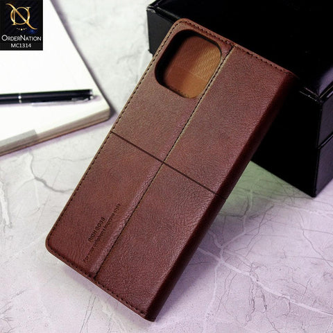 iPhone 12 Pro Max Cover - Dark Brown - Rich Boss Flip Book Soft Leather Texture Case