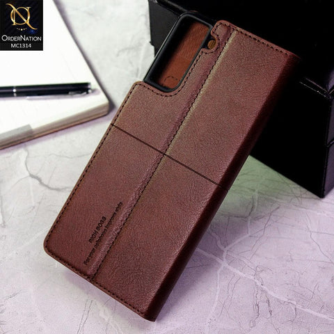 Samsung Galaxy S21 Plus 5G Cover - Dark Brown - Rich Boss Flip Book Soft Leather Texture Case