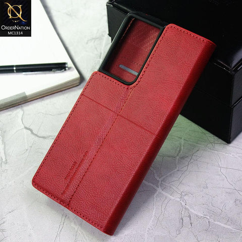 Samsung Galaxy S21 Ultra 5G Cover - Red - Rich Boss Flip Book Soft Leather Texture Case