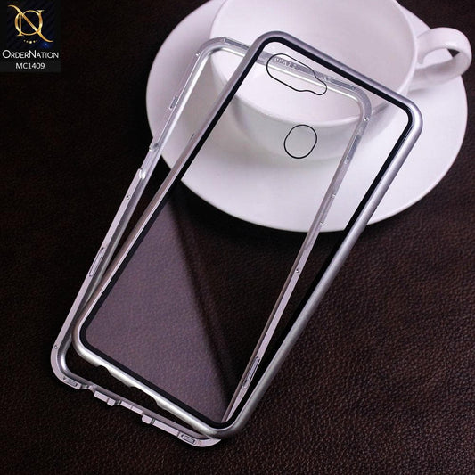 Oppo A7 Cover - Silver - Luxury HQ Magnetic Back Glass Case - No Glass On Screen Side