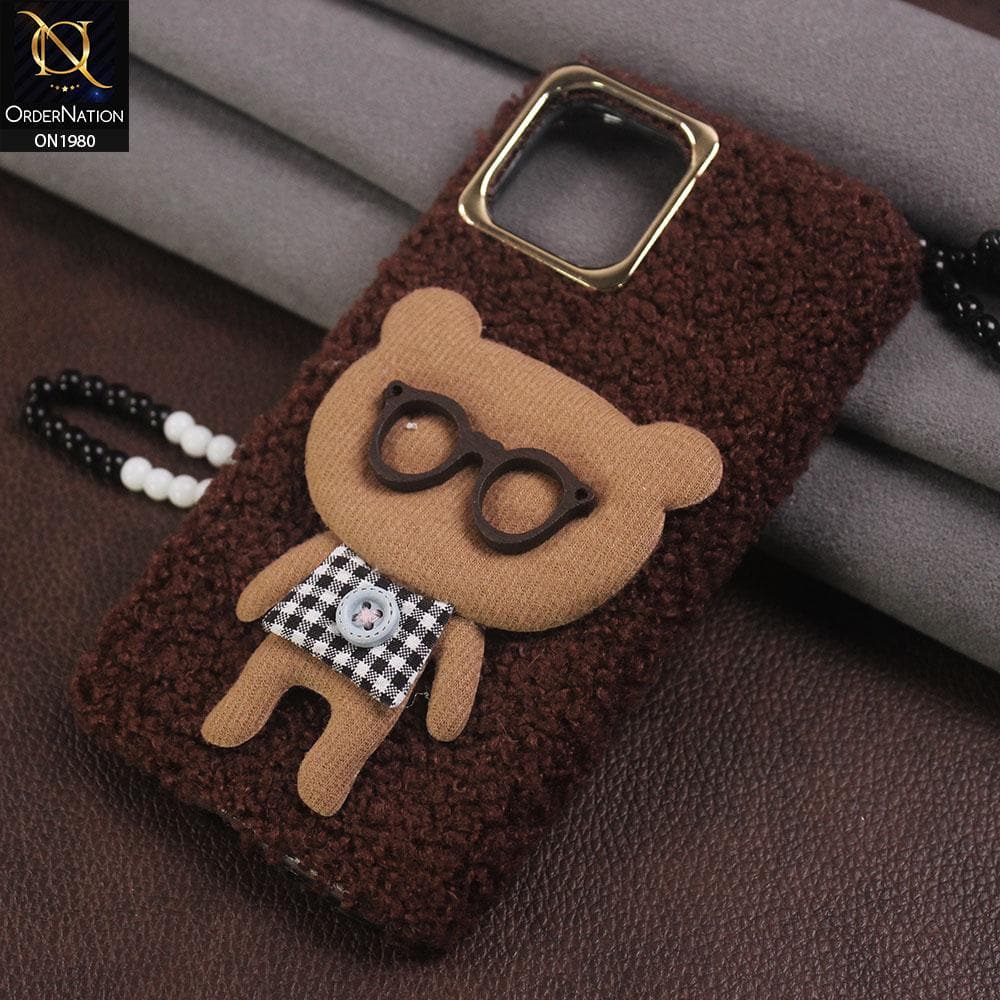 Lovely Plush Fluffy Cute Google Bear Case For iPhone 11 - Brown