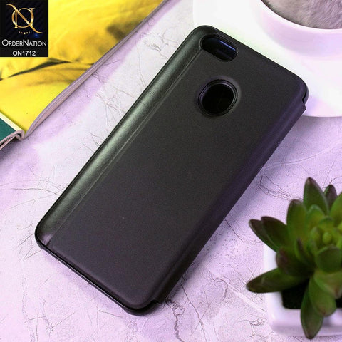 Oppo F5 Cover - Black - New Luxury Mirror View QR Flip Book Case