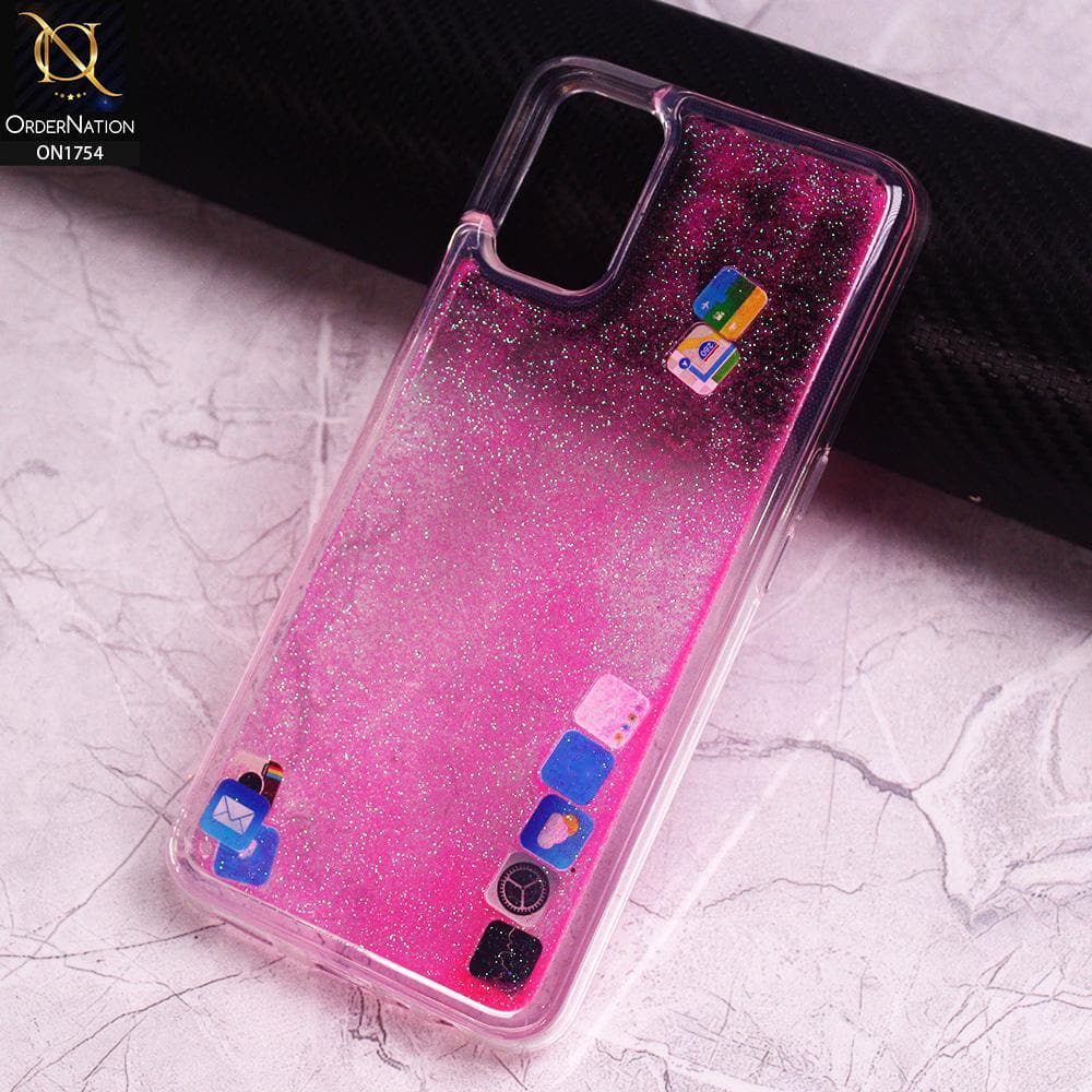 Oppo A52 Cover - Pink - Design 2 - Floating Liquid Bling Glitter Icons Soft Borders Protective Case