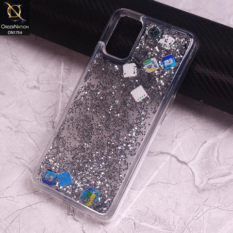Oppo A92 Cover - Silver - Floating Liquid Bling Glitter Icons Soft Borders Protective Case