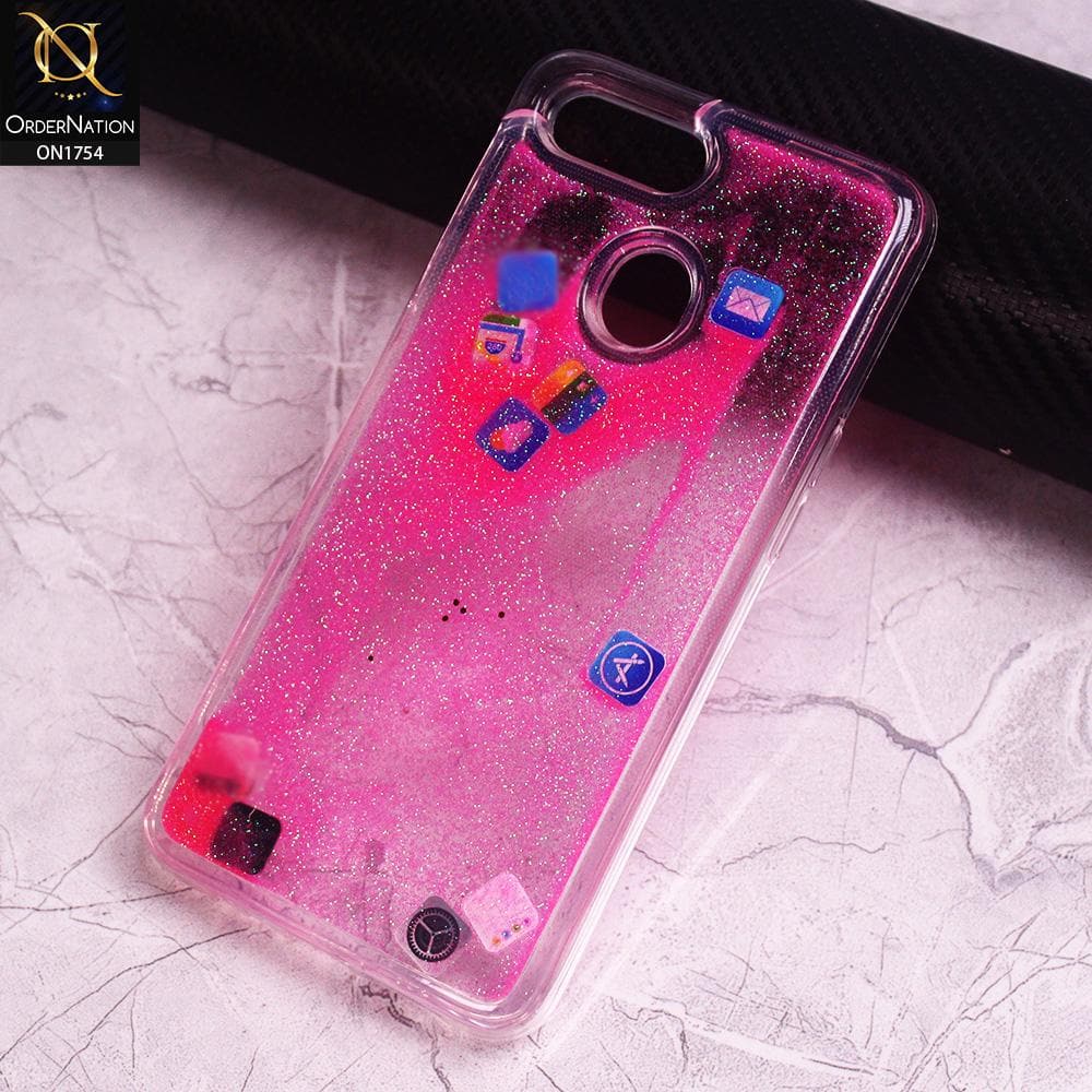 Oppo A7 Cover - Pink - Design 2 - Floating Liquid Bling Glitter Icons Soft Borders Protective Case