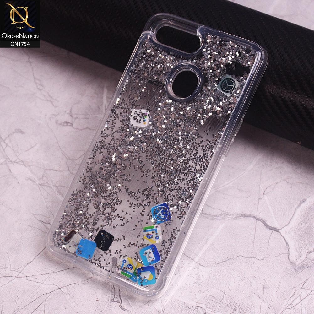 Oppo A5s Cover - Silver - Floating Liquid Bling Glitter Icons Soft Borders Protective Case
