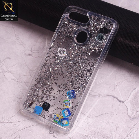 Oppo A5s Cover - Silver - Floating Liquid Bling Glitter Icons Soft Borders Protective Case