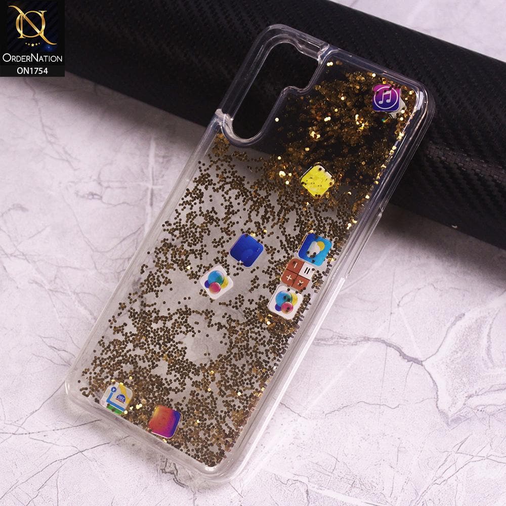 Oppo Reno 3 Cover - Golden - Floating Liquid Bling Glitter Icons Soft Borders Protective Case