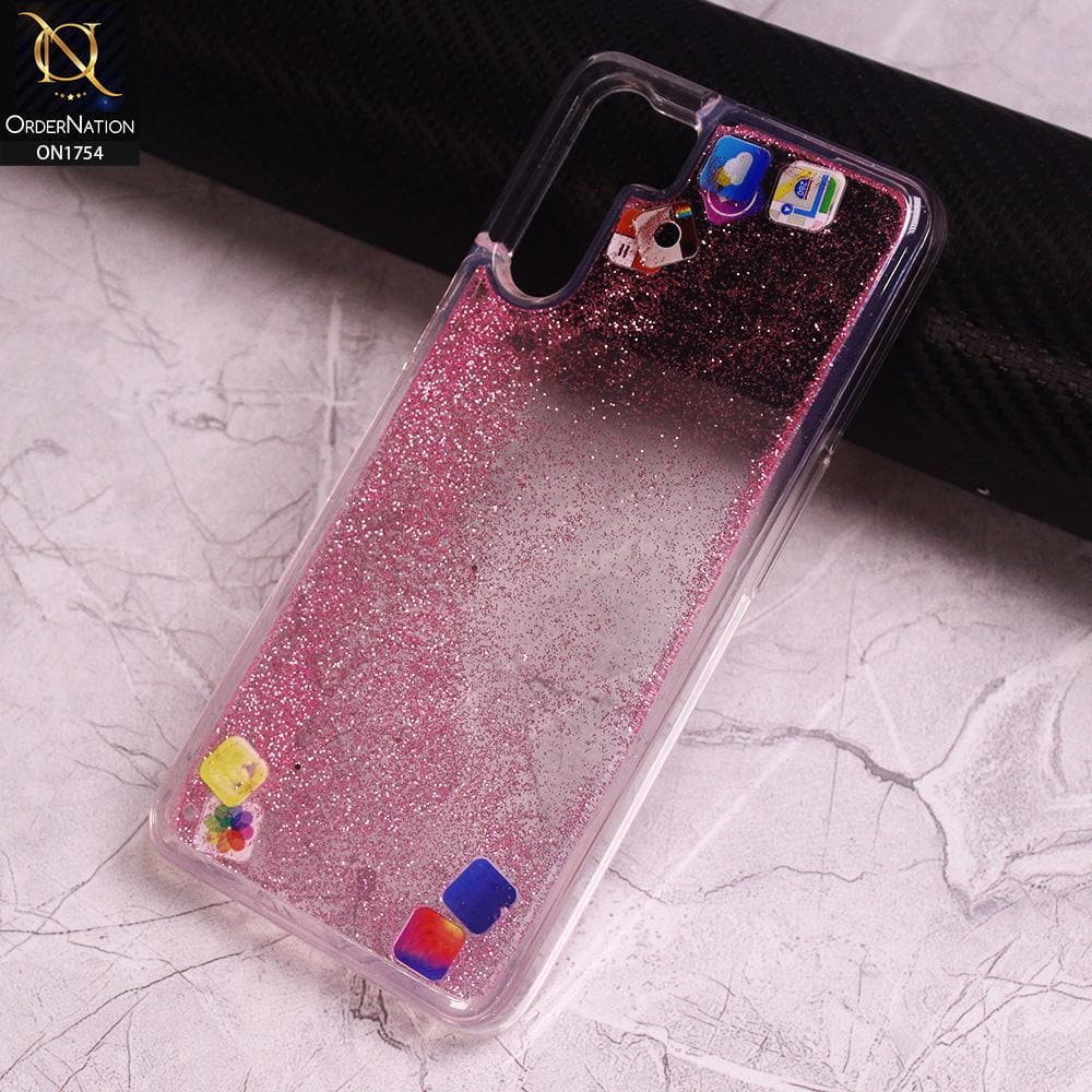 Oppo Reno 3 Cover - Pink - Design 1 - Floating Liquid Bling Glitter Icons Soft Borders Protective Case