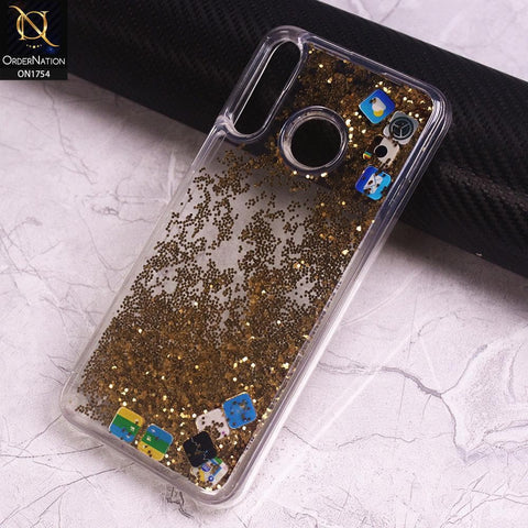 Tecno Spark 4 Cover - Golden - Floating Liquid Bling Glitter Icons Soft Borders Protective Case