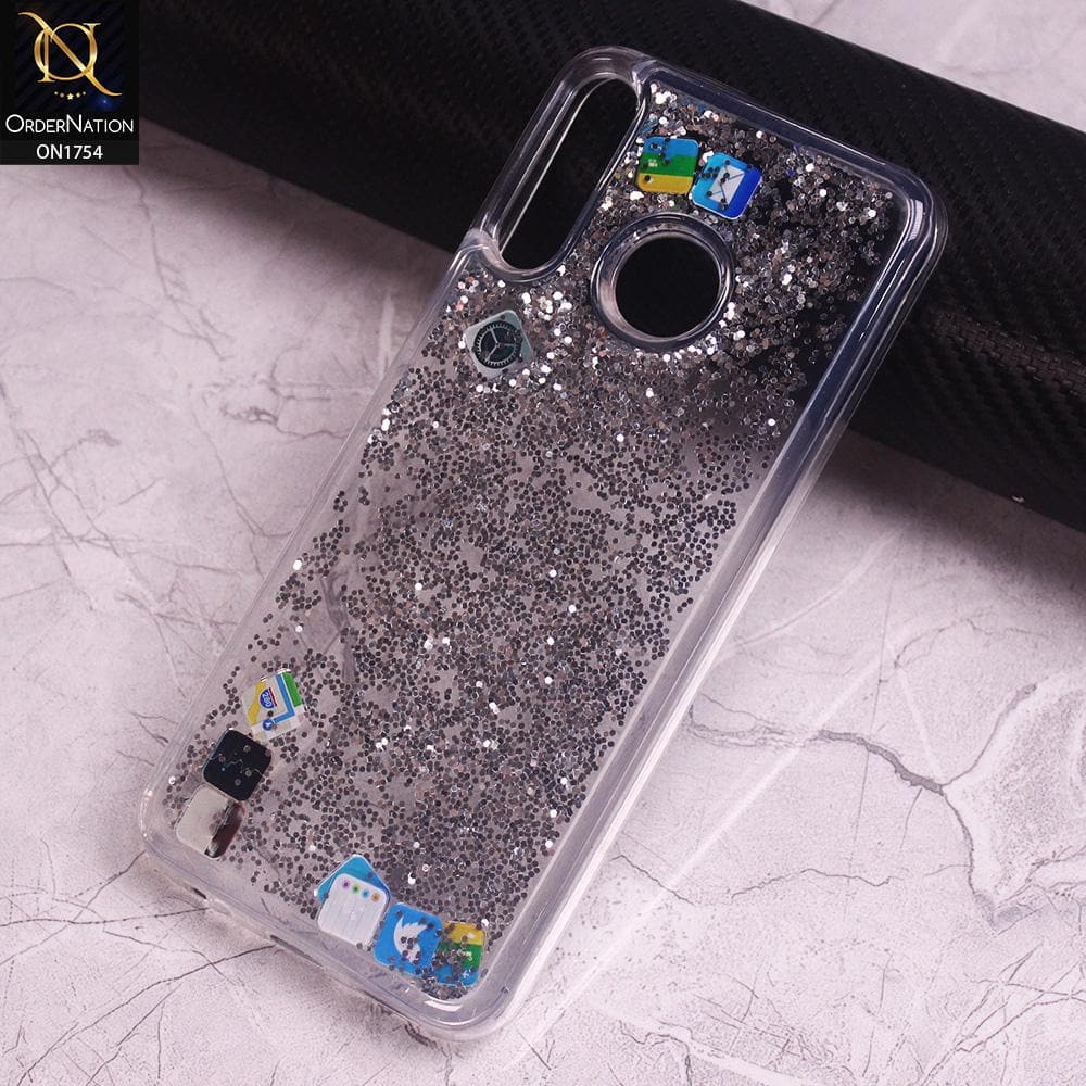 Tecno Spark 4 Cover - Silver - Floating Liquid Bling Glitter Icons Soft Borders Protective Case