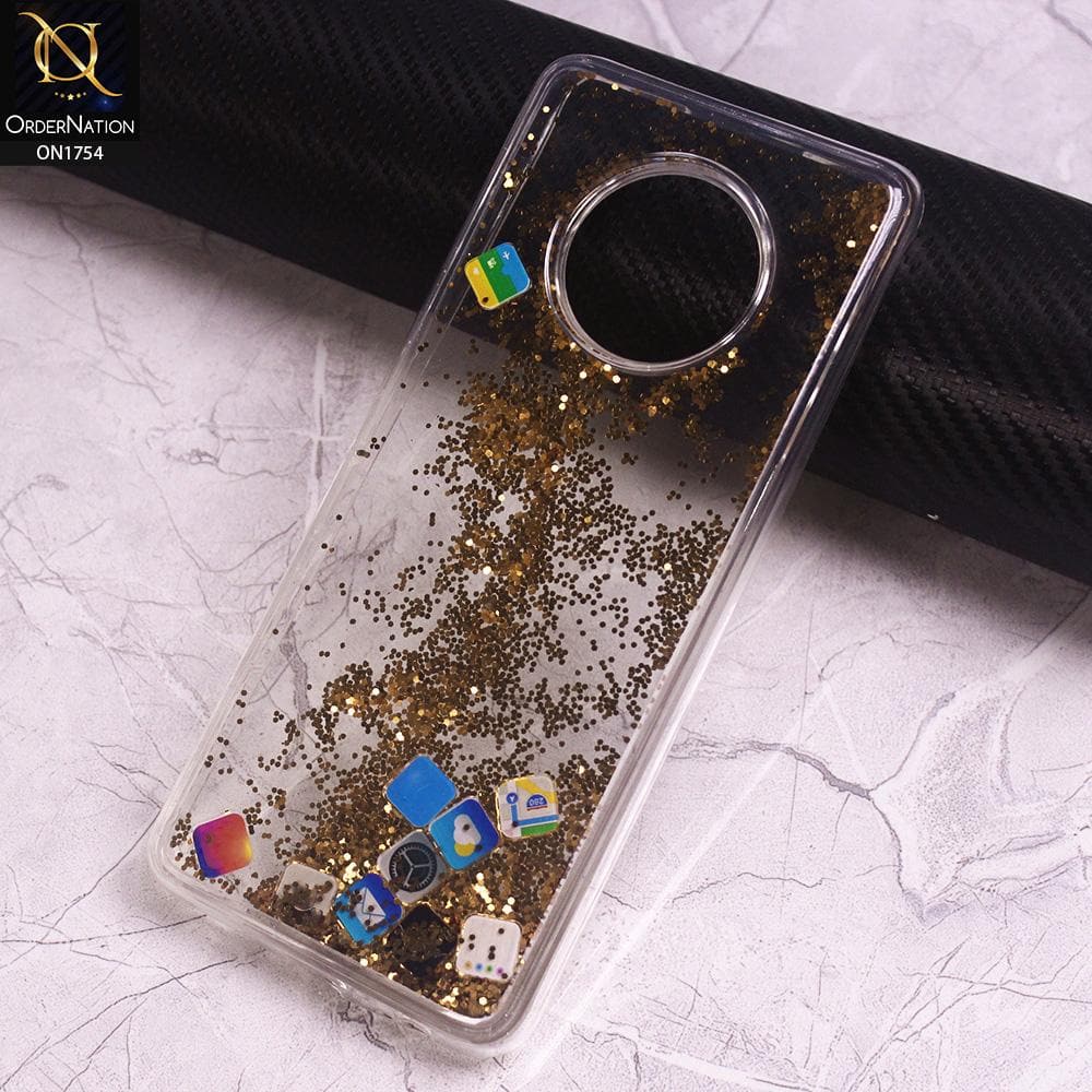 Infinix Note 7 Cover - Golden - Floating Liquid Bling Glitter Icons Soft Borders Protective Case