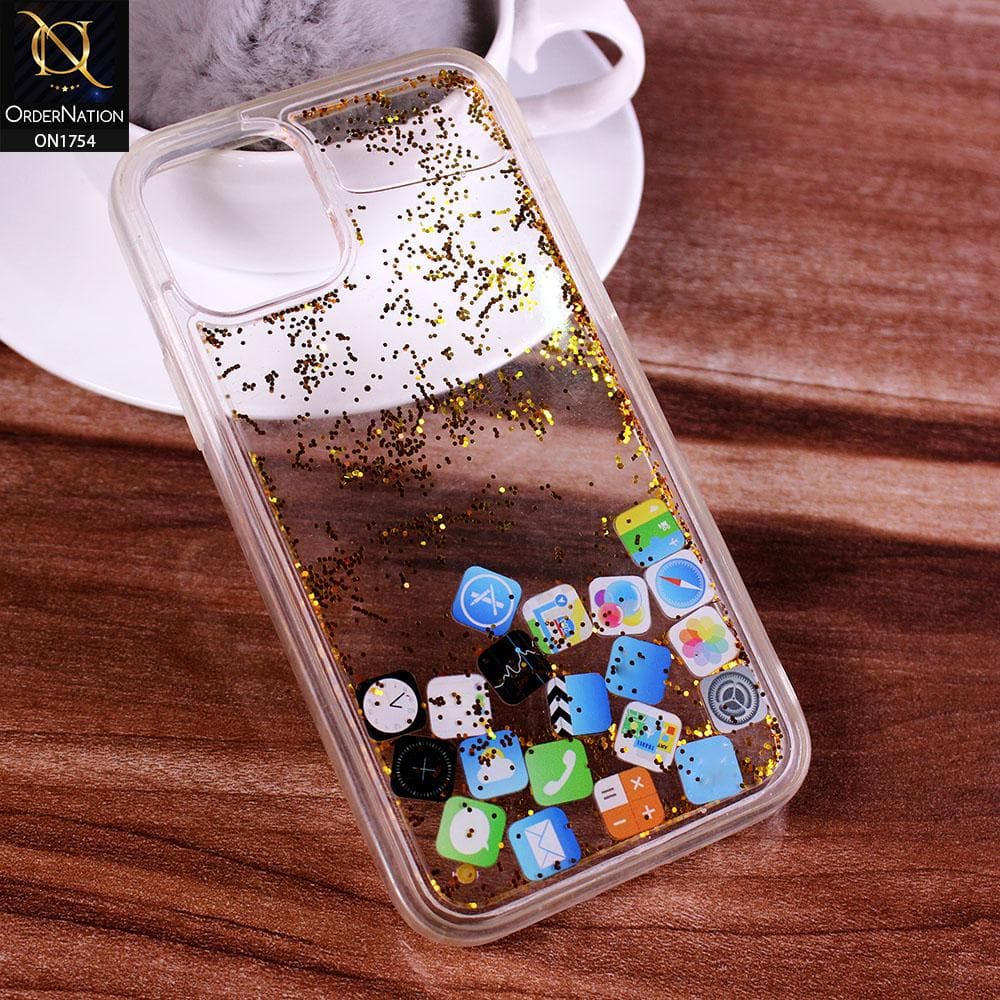 iPhone 11 Pro Cover - Golden - Floating Liquid Bling Glitter Icons Soft Borders Protective Case