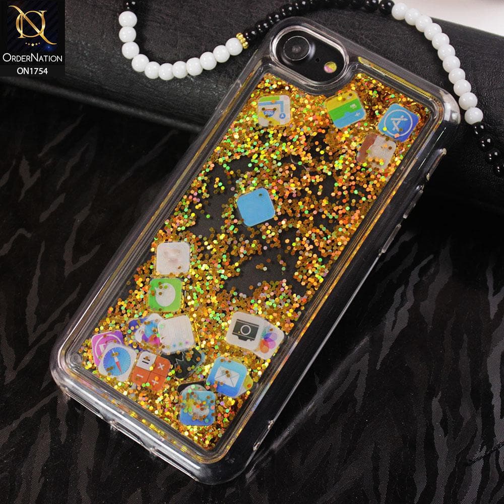 iPhone SE 2020 Cover - Golden - Floating Liquid Bling Glitter Icons Soft Borders Protective Case