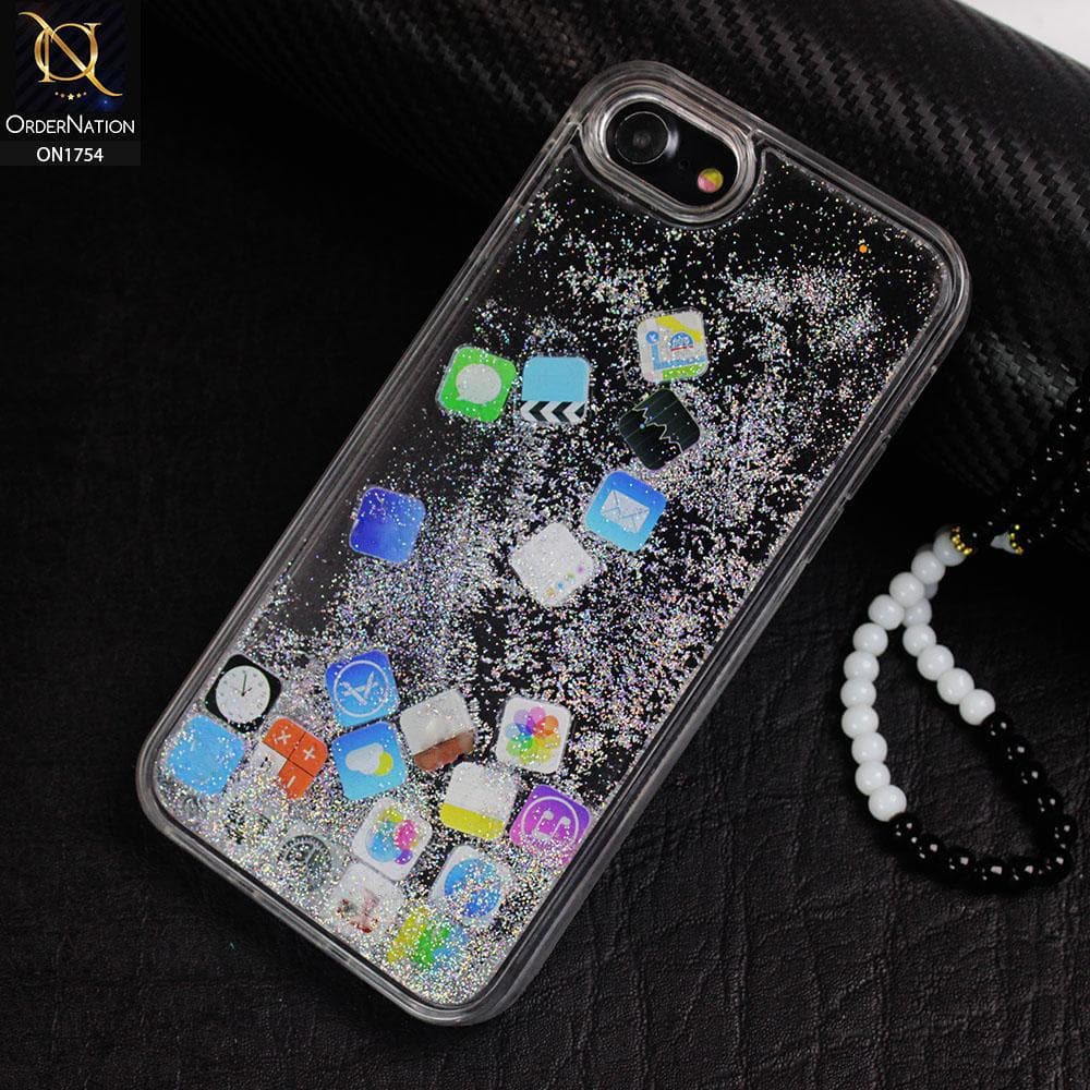 iPhone 8 / 7 Cover - Silver - Floating Liquid Bling Glitter Icons Soft Borders Protective Case