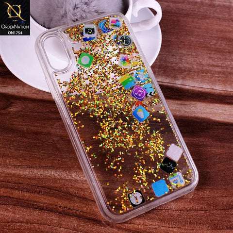 iPhone XR Cover - Golden - Floating Liquid Bling Glitter Icons Soft Borders Protective Case