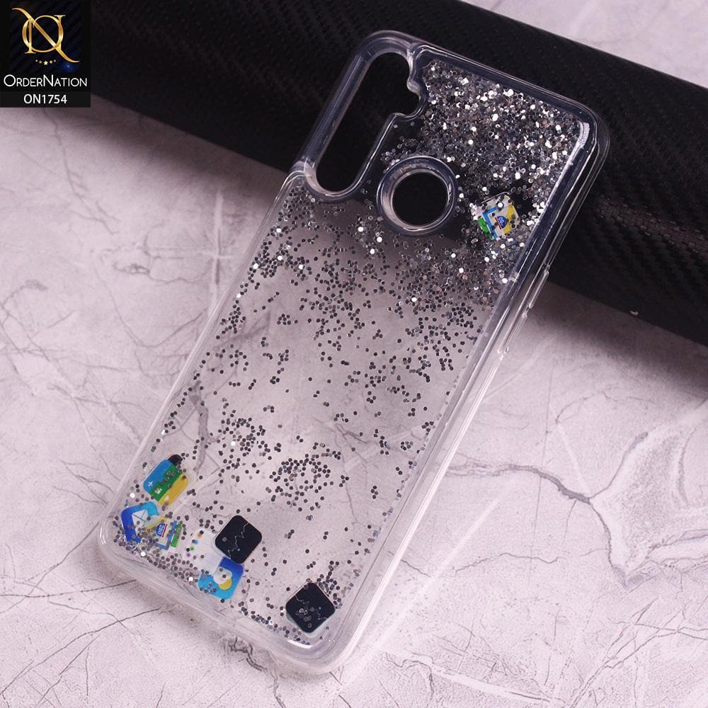 Realme 5s Cover - Silver - Floating Liquid Bling Glitter Icons Soft Borders Protective Case